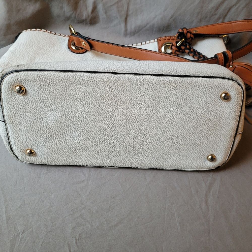 Off White and Brown Leather Tote Shoulder Bag - Picture 7 of 8